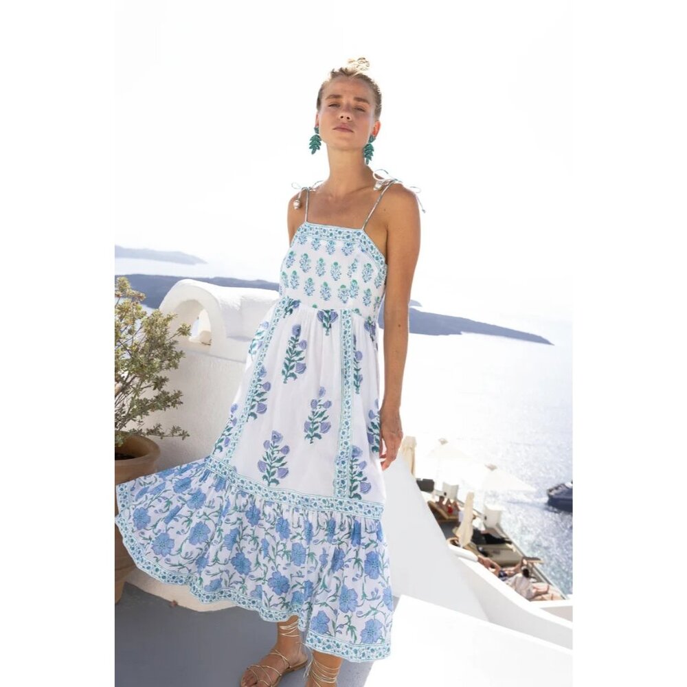 NWT Oliphant Tie Strap Midi in Bloom Blue Blockprint Cotton Tank Dress M - Picture 5 of 8